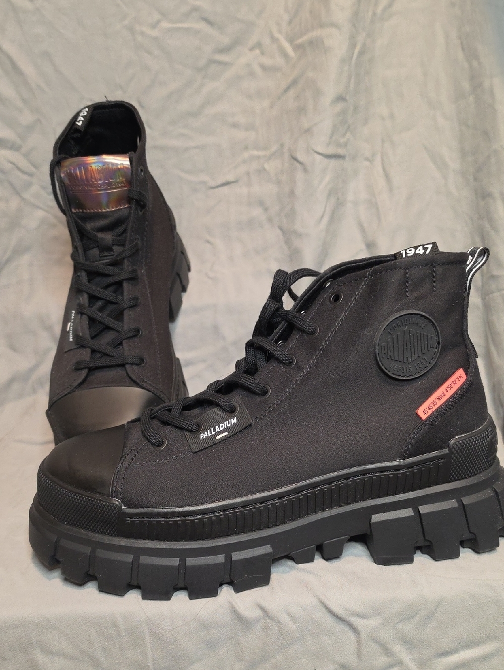 Palladium Black Canvas Lug-Sole Ankle Boots with Iridescent Tongue